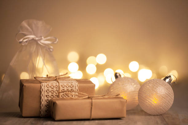 istock Brown Christmas gift box, Christmas lights and decoration 2183285132