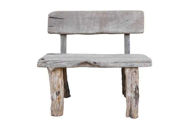 Front view of gray wooden bench with backrest isolated on a white background