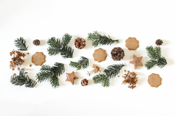 istock Christmas floral pattern. Winter composition. Green fir tree branches, gingerbread cookies, pine cones. Wooden stars isolated on white table background. Festive decorative frame banner. Flat lay, top. 2183288481