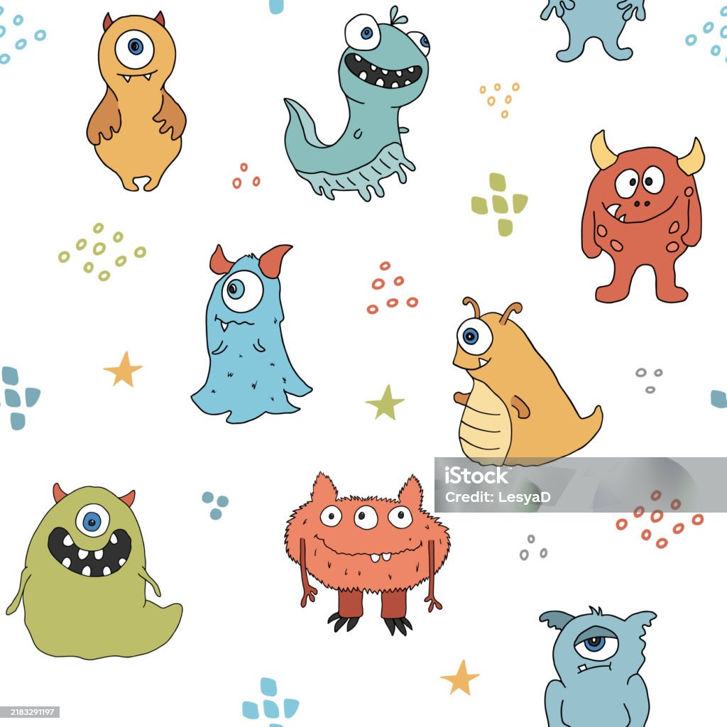 Monster Background Vector Cute Monsters Seamless Pattern Cartoon Monsters Background Vector ...