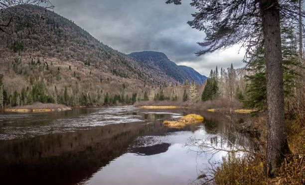 Autumn landscape in the beautiful Jacques-Cartier National Park in Quebec, Canada. Jacques-Cartier National Park offers a magnificent landscape with a vast mountainous plateau fractured by several valleys. The most spectacular is the Jacques-Cartier Valley, it has a trench more than 550 m deep, crossed by a river of the same name, alternately calm and wild. north quebec stock pictures, royalty-free photos & images