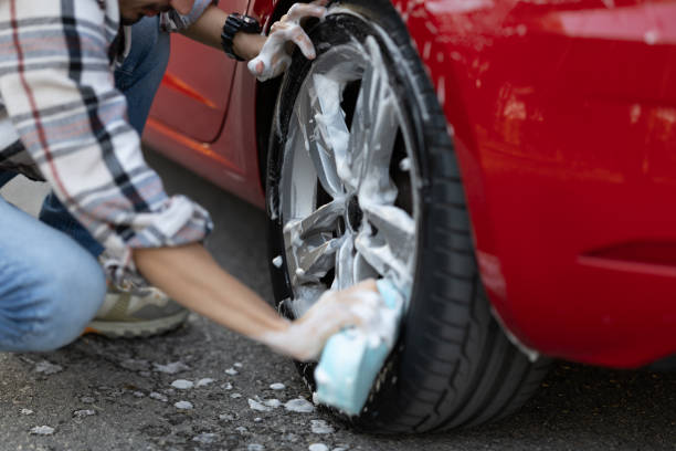 Self-service car wash. Washing the machine using active foam . High quality photo