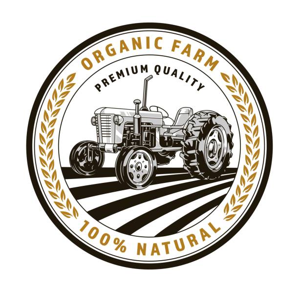 A logo showcases a vintage tractor set against a stylized field, representing an organic farms commitment to premium quality and natural farming practices.