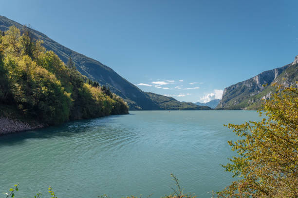 lake in Trentino , Italy.  Molveno Lake, aerial view in front of the Dolomites