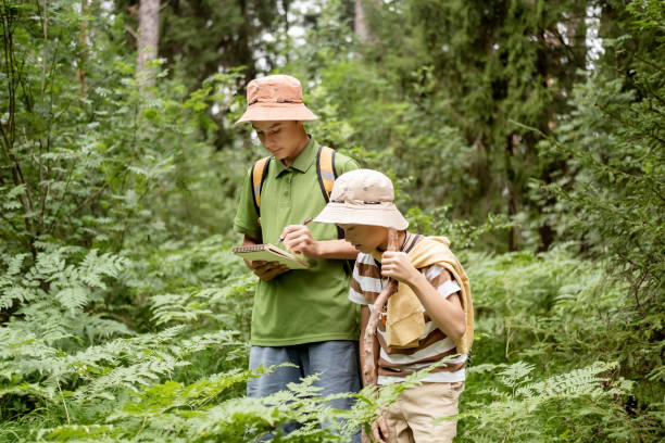 istock Two children boys with backpack looking examining plants through magnifying glass while exploring forest nature and environment on sunny day during outdoor ecology school lesson. 2183302514