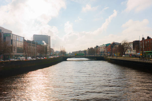Scenic serene view of downtown and river in Dublin at sunset