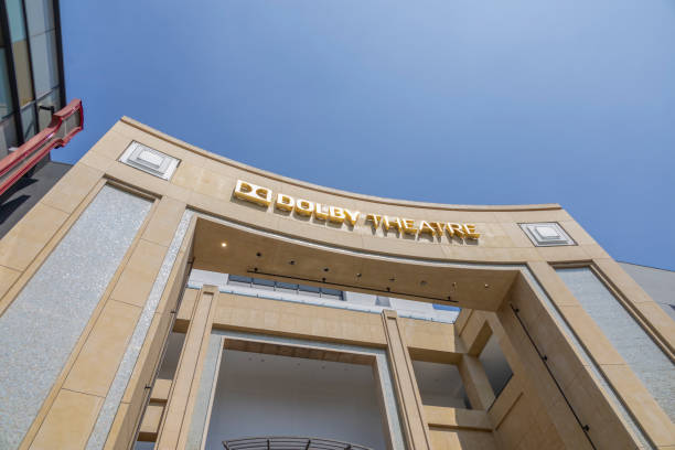 View of the iconic Dolby Theatre's exterior in Hollywood, Los Angeles, under a clear blue sky, showcasing its grand architectural style.