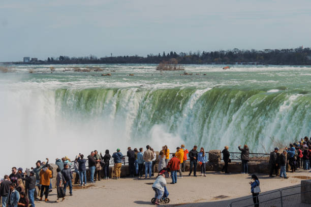 Crowd of people looking at powerful Niagara Falls