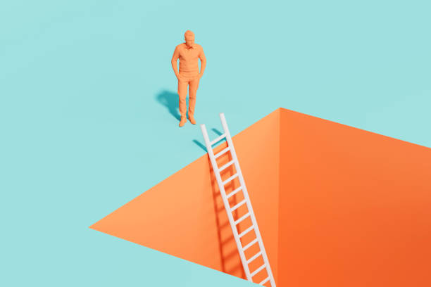 An individual stands on a ladder's peak with arms outstretched, embracing balance and freedom under the open sky. The composition conveys risk, courage, and a sense of liberation.