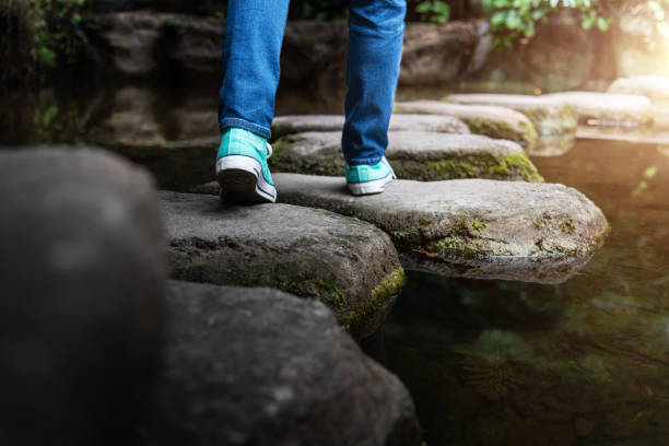 istock Woman legs walking on stepping stones 2183306874