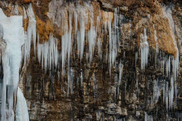Icicles melting on  Bow  river in Johnston canyon  in Banff National Park