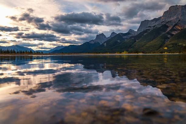 istock Panoramic Still Lake Mountain Reflections In Canmore 2183315503