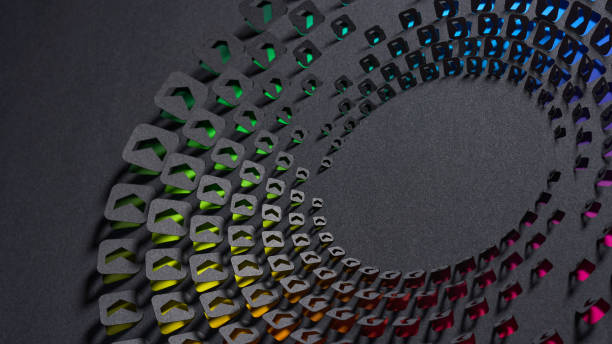 istock Abstract Spiral Pattern with Colorful Gradient Arrows in Layered Cut-Paper Artwork on Dark Background 2183319199