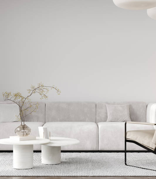 istock Copy space, modern living room interior mockup with white sofa and armchair, 3d rendering 2183320964