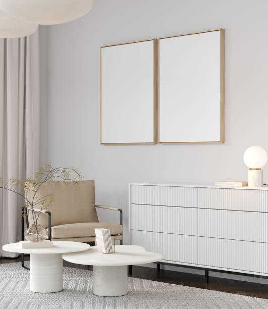 istock Two poster frames mockup in light living room interior design, 3d rendering 2183320977