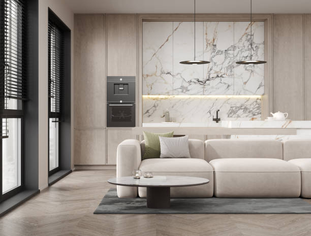 istock Cozy home kitchen interior with cooking cabinet, bar island kitchenware and sofa, 3d render 2183320983