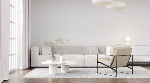 istock Modern light living room interior mockup with white sofa and armchair, 3d rendering 2183320985