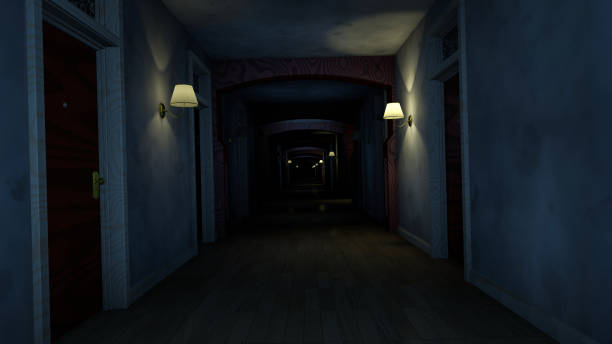Scary hotel corridor with flickering lights. 3d render.