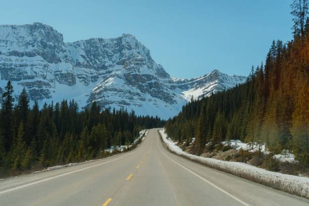 istock Road through Canadian Rockies with mountains covered in snow 2183326032