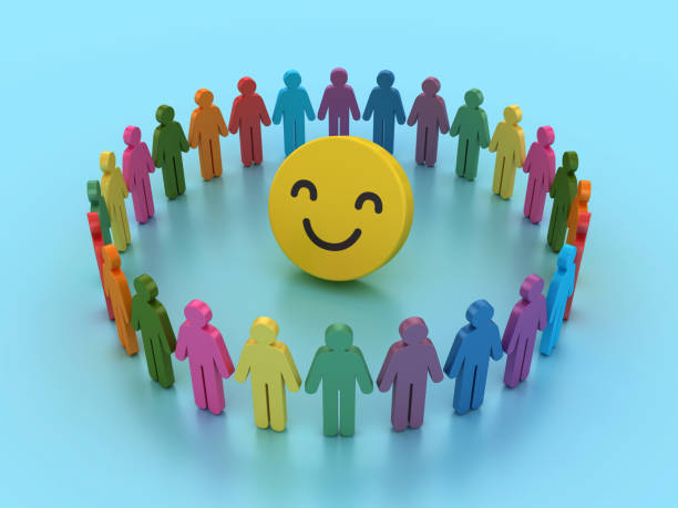 Happy Emoticon with Pictogram Teamwork People - Colored Background - 3D Rendering