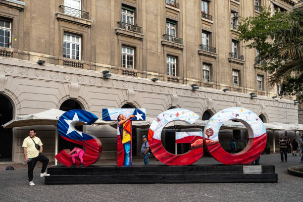 STGO, for Santiago, sign in the Plaza de Armas main city square in the centre of Santiago, Chile