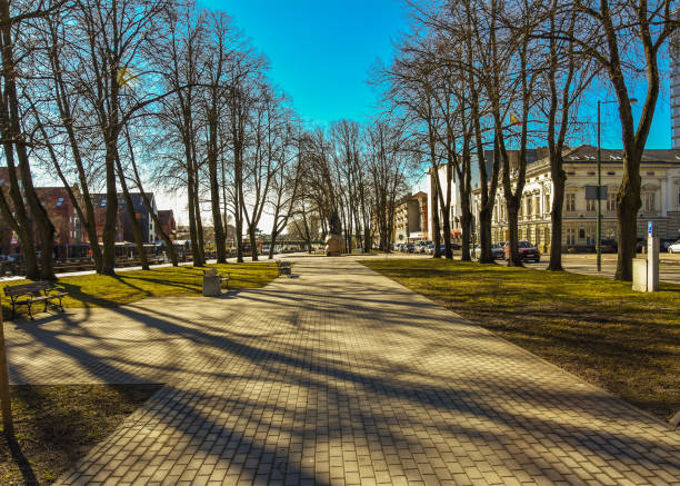 istock A brick walkway in a serene park with trees offering shade 2183334858
