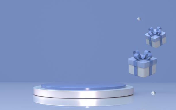 istock 3D silver blue round podium with floating festive gift boxes for design mockup of festive events, birthday, party with gifts and congratulations 2183336326