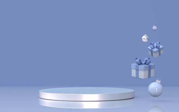 istock 3D minimal silver blue stand with glossy Christmas balls and gift boxes 2183336331