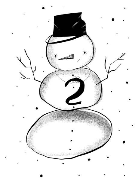 Stencil Illustration Advent Calendar: Snowman with Bucket on Head, Number 2 A minimalist stencil illustration of a snowman with a bucket on his head and branch arms. Black-and-white graphic, element number 2 of the advent calendar. 2 advent stock illustrations