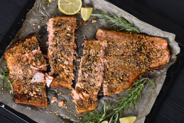 istock baked salmon fillet on baking tray, top view 2183348488