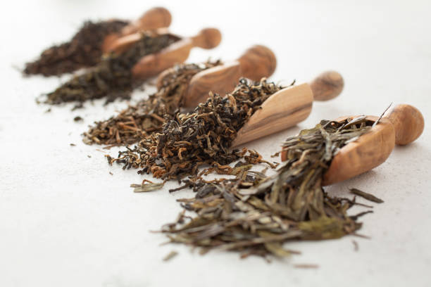 istock tea leaves, wood scoops 2183358784