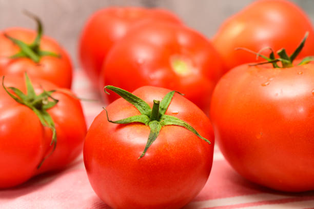 istock Freshly harvested tomatoes glistening under soft kitchen light on a striped cloth background 2183363155