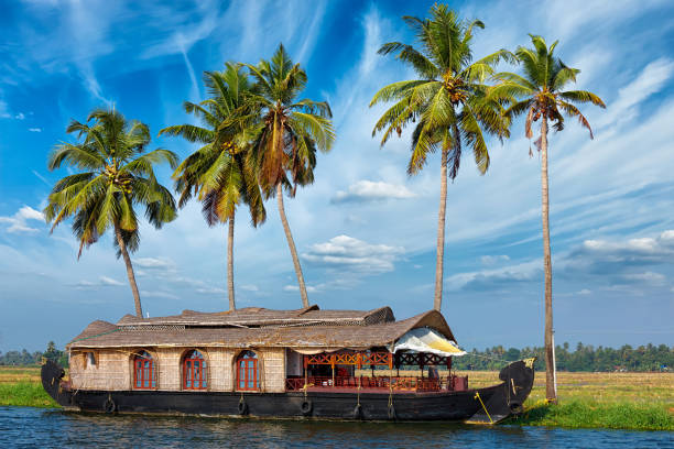Kerala travel tourism background - houseboat on Kerala backwaters. Kerala, India