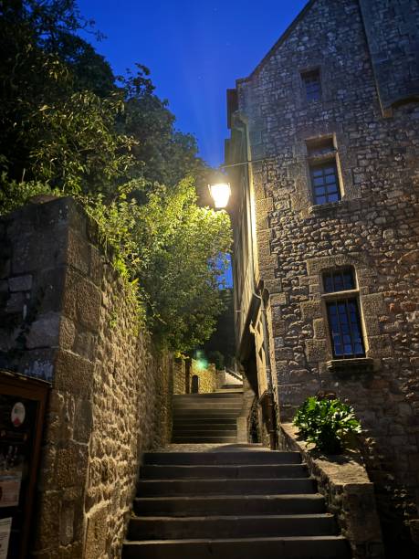 Staircase up to the Mt. St-Michel monestary at night with street lamps illuminated