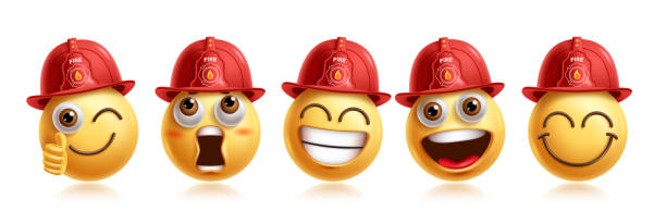 istock Emoji fireman emoticon characters vector set. Emojis 3d firefighter character profession in cute, happy, approved, shocked, 2183371450