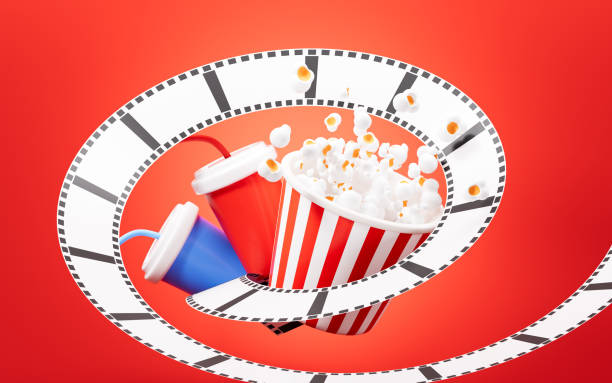 Cartoon popcorn and drinks on the red background, 3d rendering. 3d illustration.