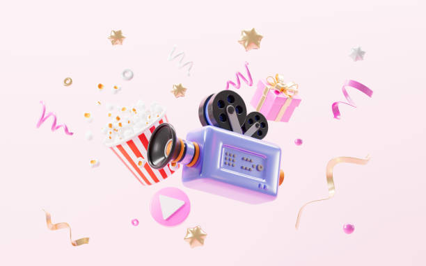istock Cartoon film camera , popcorn ,gift on pink background, 3d rendering. 2183379553