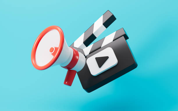 istock Cartoon clapper board and microphone, film shooting concept, 3d rendering. 2183379848