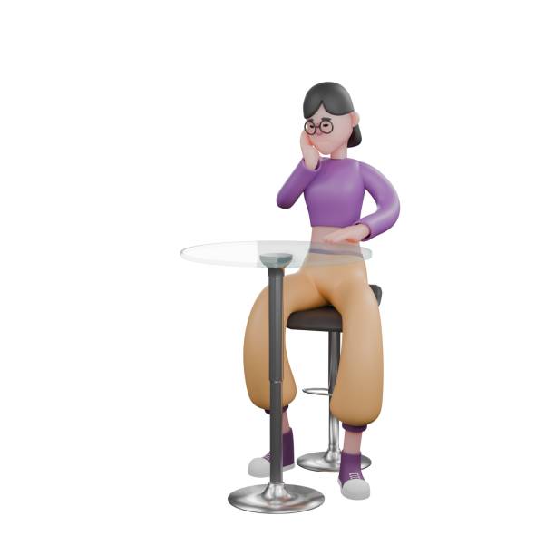 Cartoon Dance Artist in 3D. A female dancer is sitting on a chair behind a glass-covered table and her hand is holding her chin and the left hand on the table is a toothache expression. Performer Character artista de danza de dibujos animados en 3d. una bailarina está sentada en una silla detrás de una mesa cubierta de vidrio y su mano sostiene su barbilla y la mano izquierda sobre la mesa es una expresión de dolor de muelas. carácter del intérprete