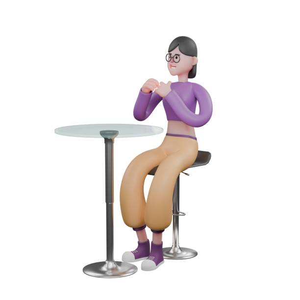 istock Dancer in 3D Design. A female dancer sits on a bar stool with both hands clasped in front of her chest and in front of her is a round table. Dance Character 2183387357