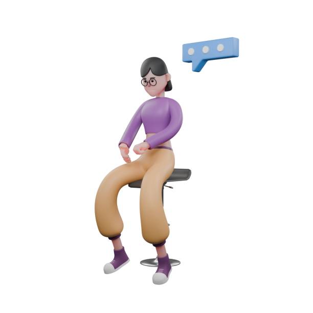 istock Illustrated 3D Dance Character. A female dancer sits on a bar stool looking down observing her clenched left hand and open right palm while on the left side above her head is a conversation column. Performance Artist 2183389152