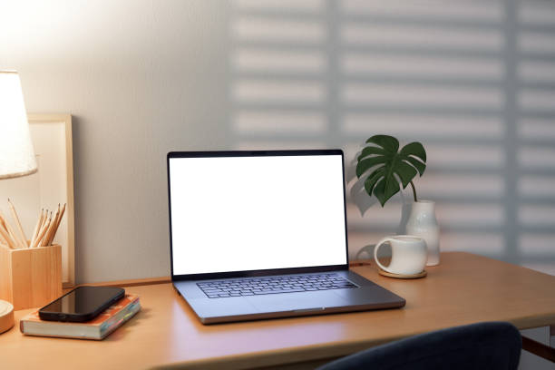 istock Cozy Home Office with Laptop, mockup blank screen. 2183390329