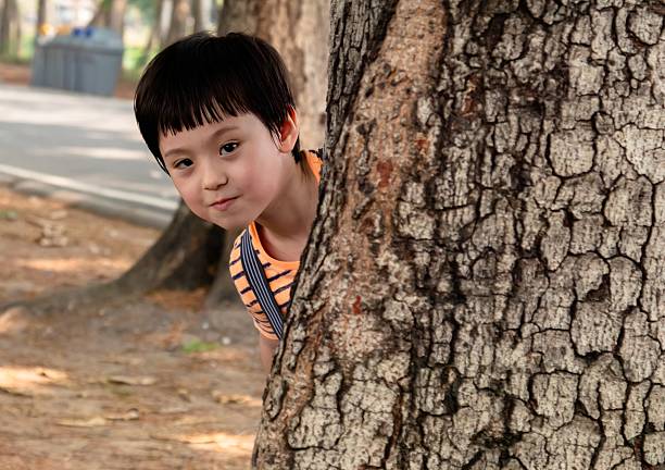 Young Asian boy peeking from behind a large tree with a playful expression in park outdoors, summertime, holiday or weekend recreation natural background greenery, a sense of fun and curiosity