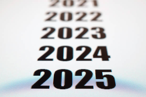 istock Years 2021 to 2025 displayed in bold font on a LED screen, illustrating a timeline concept 2183400683