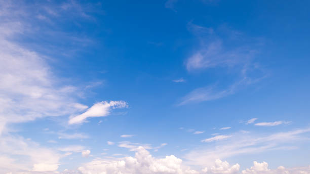 istock Panoramic view of clear blue sky and clouds, Blue sky background with tiny clouds. White fluffy clouds in the blue sky. Captivating stock photo featuring the mesmerizing beauty of the sky and clouds. 2183401603