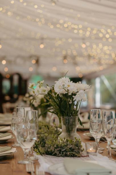 istock Long table set for a wedding reception with white flowers in a vase as the centerpiece. 2183406910