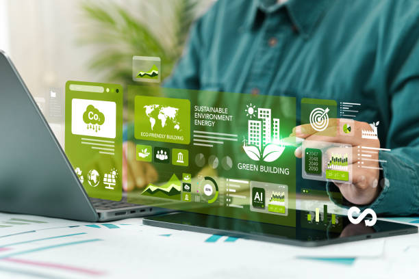 istock Sustainable Green Building Concept. Eco-friendly Building. Businessman Using Computer Displaying Digital Screen. Future Green Business. Environmental Sustainability Goals 2050. 2183408981