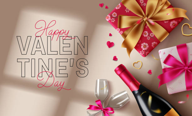 istock Happy valentine's day text vector design. Valentine's day greeting card with gift box surprise, wine bottle and glass for romantic 2183410121