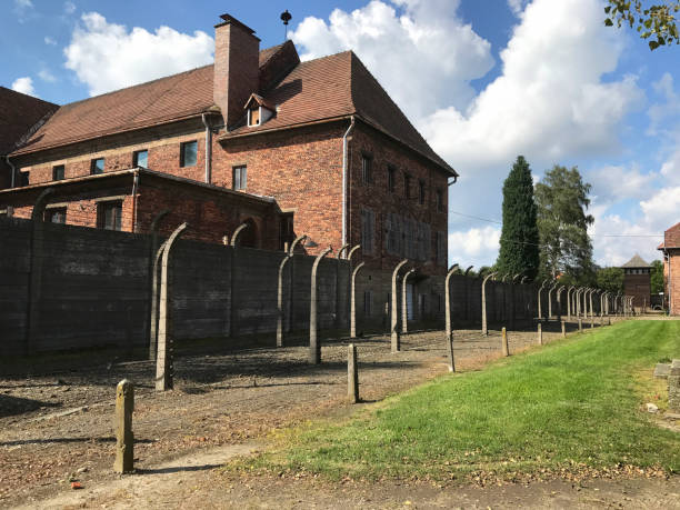 Auschwitz Birkenau Concentration Camp barracks with barbed wire fences
