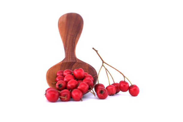 istock Fresh red hawthorn berries with wooden spoon isolated on white background 2183415978